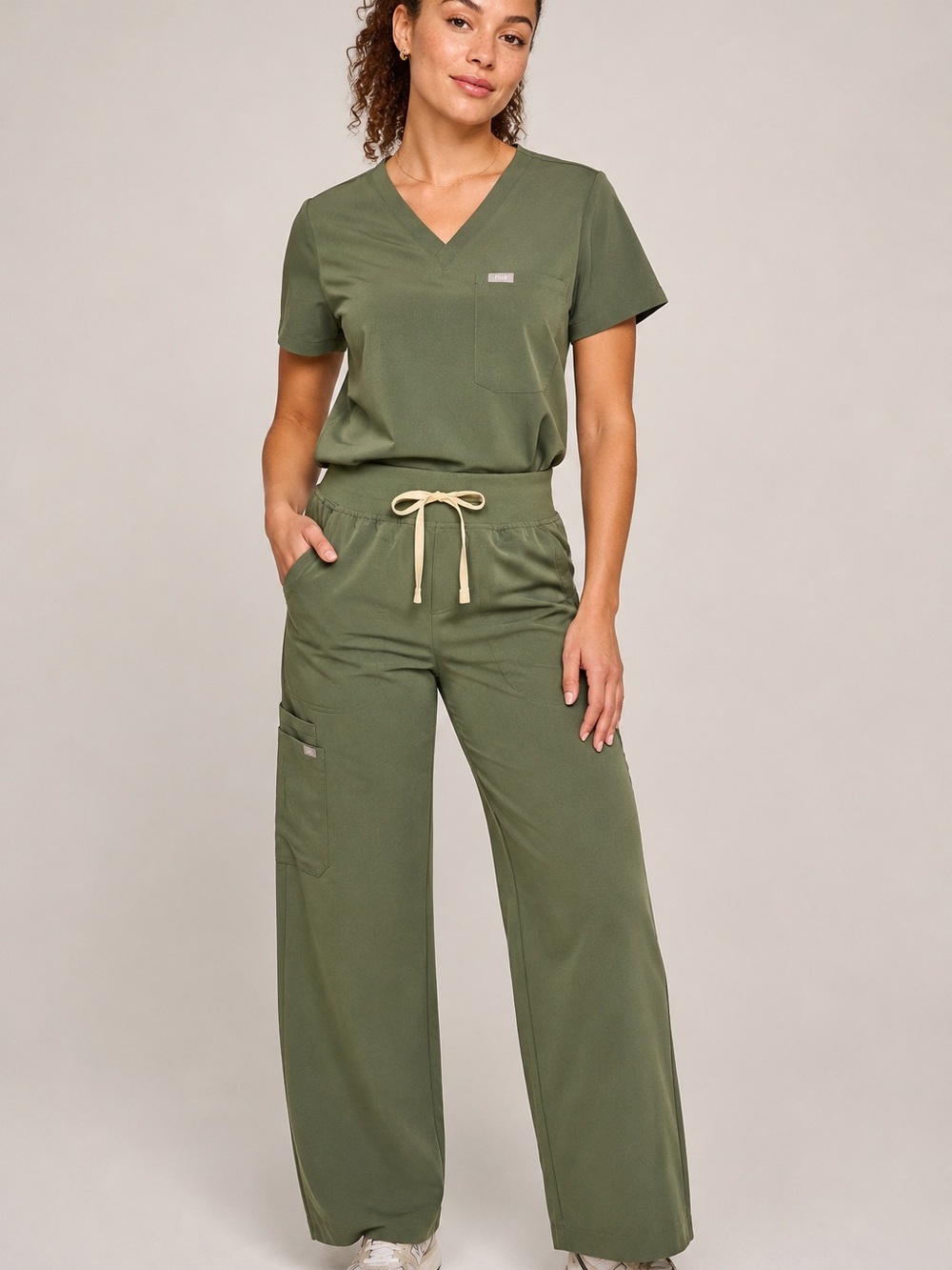 FIGS Catarina Scrub Top S Petite & Isabel Wide-Leg Pants XS Petite Moss